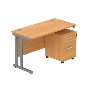 Double Upright Rectangular Desk + 2 Drawer Mobile Under Desk Pedestal (FSC) | 1200X600 | Norwegian Beech/Graphite