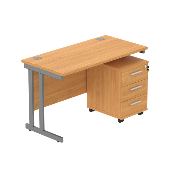 Double Upright Rectangular Desk + 3 Drawer Mobile Under Desk Pedestal (FSC) | 1200X600 | Norwegian Beech/Graphite