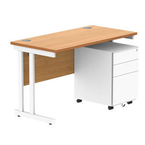 Double Upright Rectangular Desk + Under Desk Steel Pedestal 3 Drawers (FSC) | 1200X600 | Norwegian Beech/White