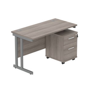 Double Upright Rectangular Desk + 2 Drawer Mobile Under Desk Pedestal (FSC) | 1200X600 | Alaskan Grey Oak/Graphite
