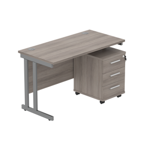 Double Upright Rectangular Desk + 3 Drawer Mobile Under Desk Pedestal (FSC) | 1200X600 | Alaskan Grey Oak/Graphite