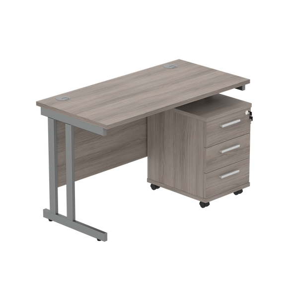 Double Upright Rectangular Desk + 3 Drawer Mobile Under Desk Pedestal (FSC) | 1200X600 | Alaskan Grey Oak/Graphite