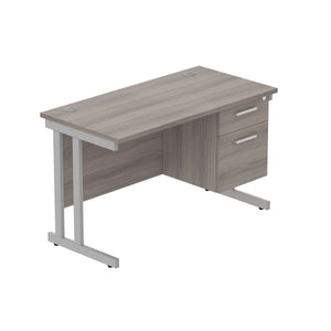 Office Rectangular Desk with Steel Double Upright Cantilever Legs + 2 Drawer Fixed Pedestal (FSC) | 1200X600 | Alaskan Grey Oak/Silver