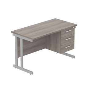 Office Rectangular Desk with Steel Double Upright Cantilever Legs + 3 Drawer Fixed Pedestal (FSC) | 1200X600 | Alaskan Grey Oak/Silver