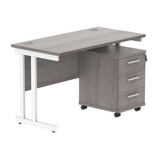 Double Upright Rectangular Desk + 3 Drawer Mobile Under Desk Pedestal (FSC) | 1200X600 | Alaskan Grey Oak/White