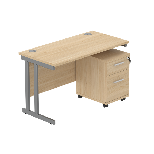 Double Upright Rectangular Desk + 2 Drawer Mobile Under Desk Pedestal (FSC) | 1200X600 | Canadian Oak/Graphite