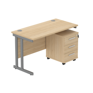 Double Upright Rectangular Desk + 3 Drawer Mobile Under Desk Pedestal (FSC) | 1200X600 | Canadian Oak/Graphite