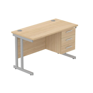 Office Rectangular Desk with Steel Double Upright Cantilever Legs + 3 Drawer Fixed Pedestal (FSC) | 1200X600 | Canadian Oak/Silver