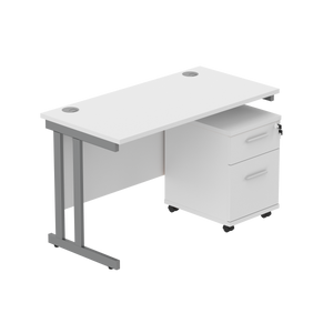 Double Upright Rectangular Desk + 2 Drawer Mobile Under Desk Pedestal (FSC) | 1200X600 | Arctic White/Graphite