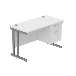 Office Rectangular Desk with Steel Double Upright Cantilever Legs + 2 Drawer Fixed Pedestal (FSC) | 1200X600 | Arctic White/Graphite