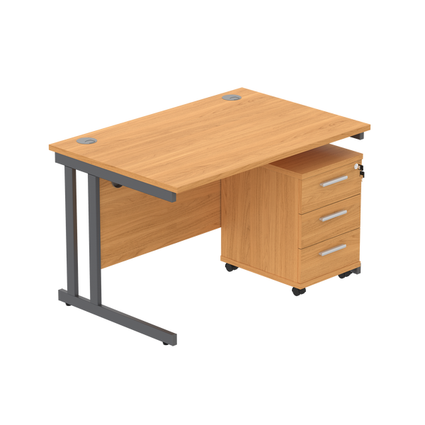 Double Upright Rectangular Desk + 3 Drawer Mobile Under Desk Pedestal (FSC) | 1200X800 | Norwegian Beech/Graphite