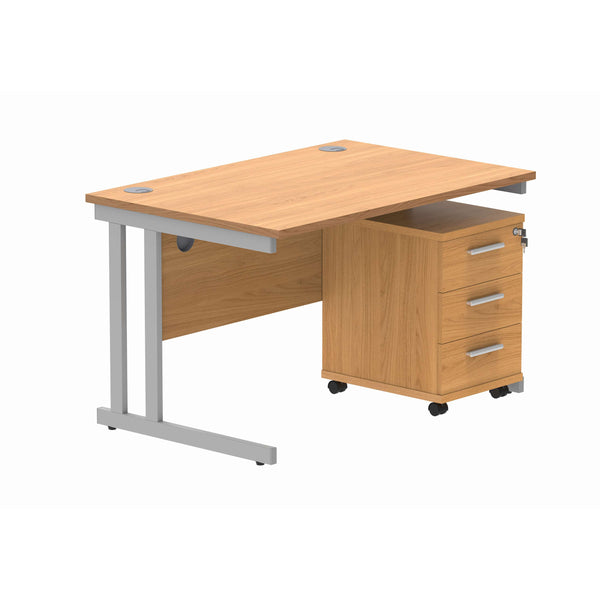 Double Upright Rectangular Desk + 3 Drawer Mobile Under Desk Pedestal (FSC) | 1200X800 | Norwegian Beech/Silver