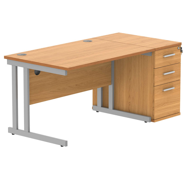 Double Upright Rectangular Desk + Desk High Pedestal (FSC) | 1200X800 | Norwegian Beech/Silver