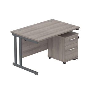 Double Upright Rectangular Desk + 2 Drawer Mobile Under Desk Pedestal (FSC) | 1200X800 | Alaskan Grey Oak/Graphite