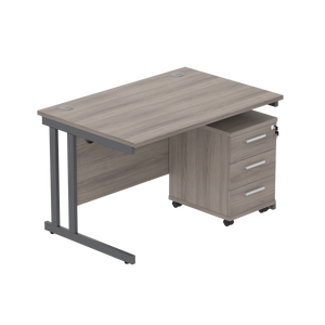 Double Upright Rectangular Desk + 3 Drawer Mobile Under Desk Pedestal (FSC) | 1200X800 | Alaskan Grey Oak/Graphite