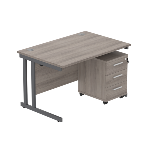 Double Upright Rectangular Desk + 3 Drawer Mobile Under Desk Pedestal (FSC) | 1200X800 | Alaskan Grey Oak/Graphite