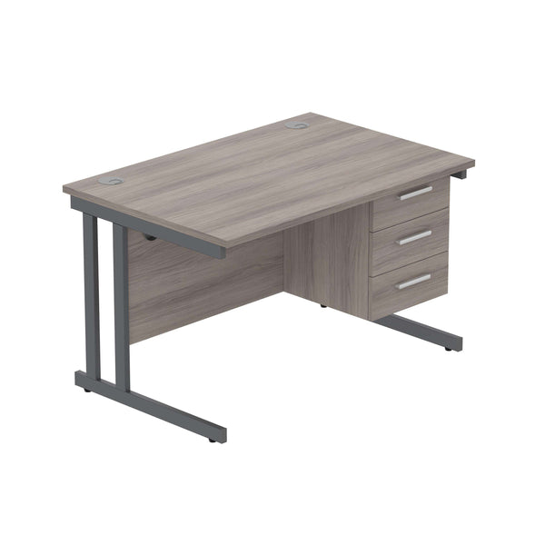 Office Rectangular Desk with Steel Double Upright Cantilever Legs + 3 Drawer Fixed Pedestal (FSC) | 1200X800 | Alaskan Grey Oak/Graphite