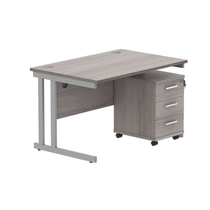 Double Upright Rectangular Desk + 3 Drawer Mobile Under Desk Pedestal (FSC) | 1200X800 | Alaskan Grey Oak/Silver