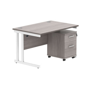 Double Upright Rectangular Desk + 2 Drawer Mobile Under Desk Pedestal (FSC) | 1200X800 | Alaskan Grey Oak/White