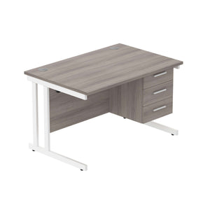 Office Rectangular Desk with Steel Double Upright Cantilever Legs + 3 Drawer Fixed Pedestal (FSC) | 1200X800 | Alaskan Grey Oak/White