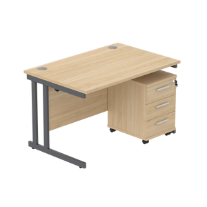 Double Upright Rectangular Desk + 3 Drawer Mobile Under Desk Pedestal (FSC) | 1200X800 | Canadian Oak/Graphite