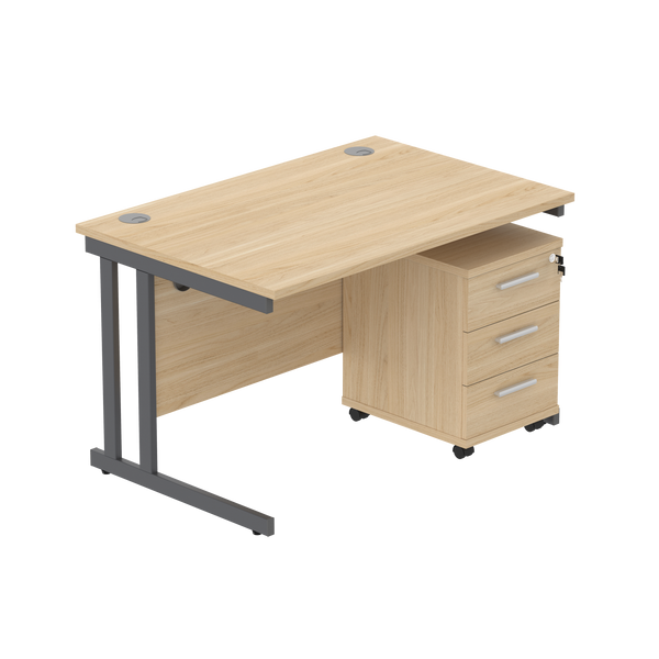 Double Upright Rectangular Desk + 3 Drawer Mobile Under Desk Pedestal (FSC) | 1200X800 | Canadian Oak/Graphite