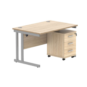 Double Upright Rectangular Desk + 3 Drawer Mobile Under Desk Pedestal (FSC) | 1200X800 | Canadian Oak/Silver