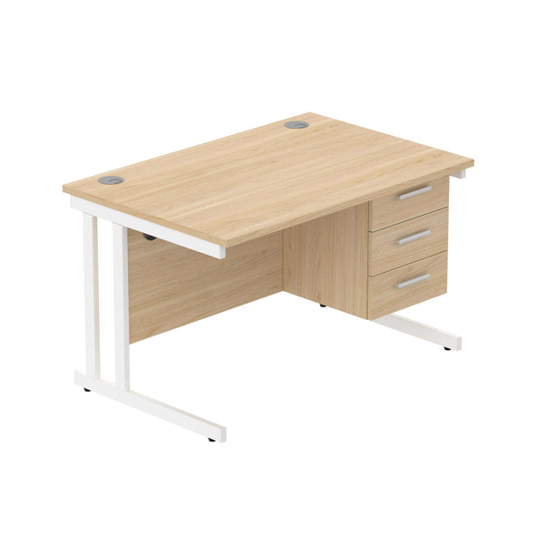 Office Rectangular Desk with Steel Double Upright Cantilever Legs + 3 Drawer Fixed Pedestal (FSC) | 1200X800 | Canadian Oak/White