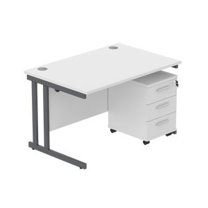 Double Upright Rectangular Desk + 3 Drawer Mobile Under Desk Pedestal (FSC) | 1200X800 | Arctic White/Graphite