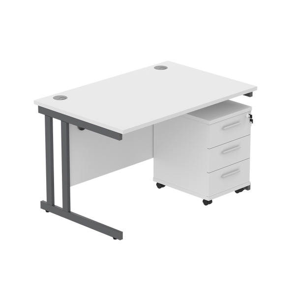 Double Upright Rectangular Desk + 3 Drawer Mobile Under Desk Pedestal (FSC) | 1200X800 | Arctic White/Graphite