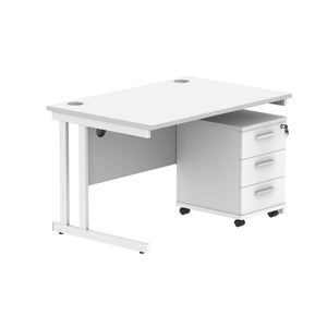 Double Upright Rectangular Desk + 3 Drawer Mobile Under Desk Pedestal (FSC) | 1200X800 | Arctic White/White