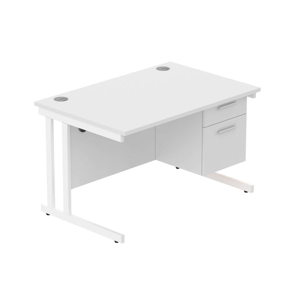 Office Rectangular Desk with Steel Double Upright Cantilever Legs + 2 Drawer Fixed Pedestal (FSC) | 1200X800 | Arctic White/White