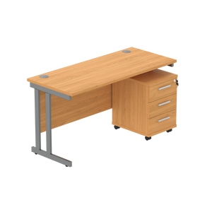Double Upright Rectangular Desk + 3 Drawer Mobile Under Desk Pedestal (FSC) | 1400X600 | Norwegian Beech/Graphite
