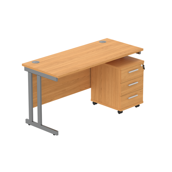 Double Upright Rectangular Desk + 3 Drawer Mobile Under Desk Pedestal (FSC) | 1400X600 | Norwegian Beech/Graphite