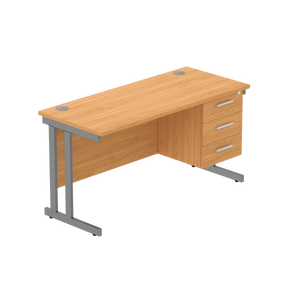 Office Rectangular Desk with Steel Double Upright Cantilever Legs + 3 Drawer Fixed Pedestal (FSC) | 1400X600 | Norwegian Beech/Graphite