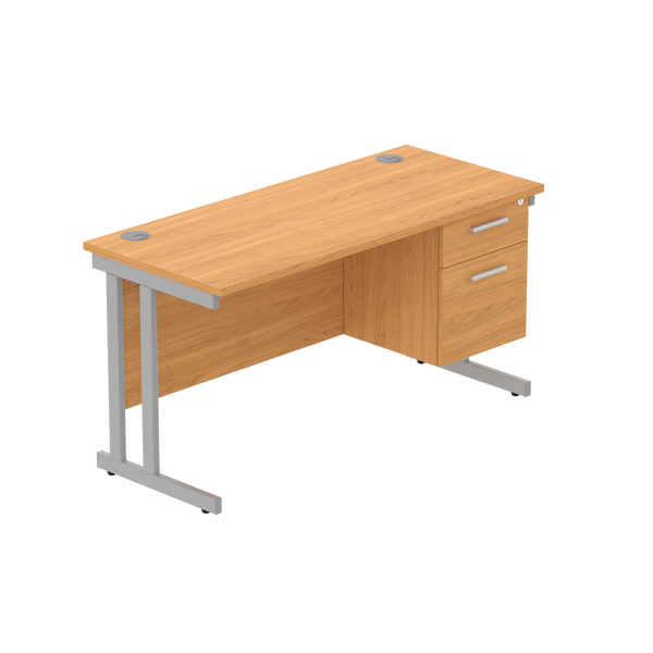 Office Rectangular Desk with Steel Double Upright Cantilever Legs + 2 Drawer Fixed Pedestal (FSC) | 1400X600 | Norwegian Beech/Silver