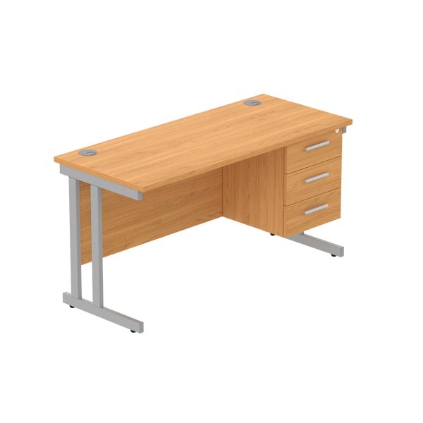Office Rectangular Desk with Steel Double Upright Cantilever Legs + 3 Drawer Fixed Pedestal (FSC) | 1400X600 | Norwegian Beech/Silver