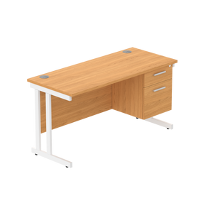 Office Rectangular Desk with Steel Double Upright Cantilever Legs + 2 Drawer Fixed Pedestal (FSC) | 1400X600 | Norwegian Beech/White