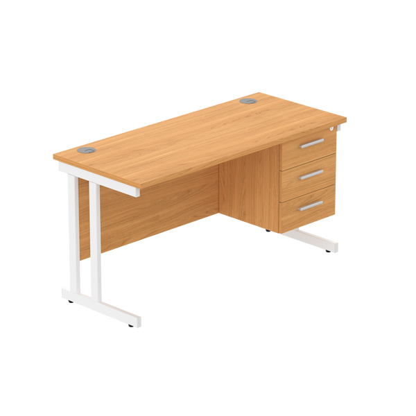 Office Rectangular Desk with Steel Double Upright Cantilever Legs + 3 Drawer Fixed Pedestal (FSC) | 1400X600 | Norwegian Beech/White