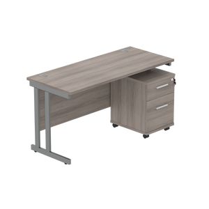 Double Upright Rectangular Desk + 2 Drawer Mobile Under Desk Pedestal (FSC) | 1400X600 | Alaskan Grey Oak/Graphite