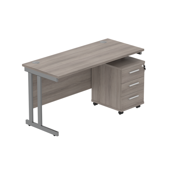 Double Upright Rectangular Desk + 3 Drawer Mobile Under Desk Pedestal (FSC) | 1400X600 | Alaskan Grey Oak/Graphite