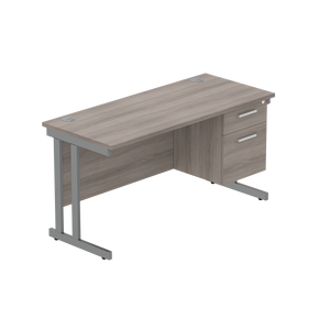 Office Rectangular Desk with Steel Double Upright Cantilever Legs + 2 Drawer Fixed Pedestal (FSC) | 1400X600 | Alaskan Grey Oak/Graphite