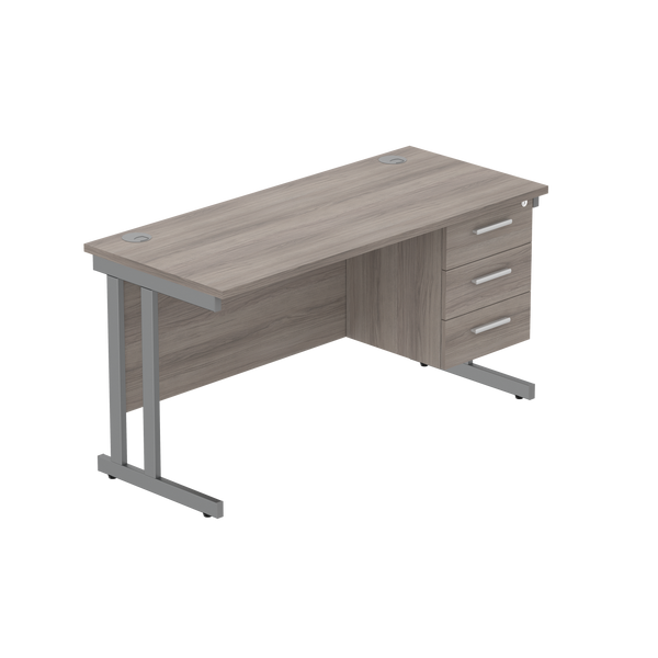 Office Rectangular Desk with Steel Double Upright Cantilever Legs + 3 Drawer Fixed Pedestal (FSC) | 1400X600 | Alaskan Grey Oak/Graphite