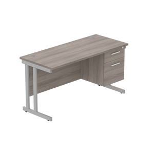 Office Rectangular Desk with Steel Double Upright Cantilever Legs + 2 Drawer Fixed Pedestal (FSC) | 1400X600 | Alaskan Grey Oak/Silver