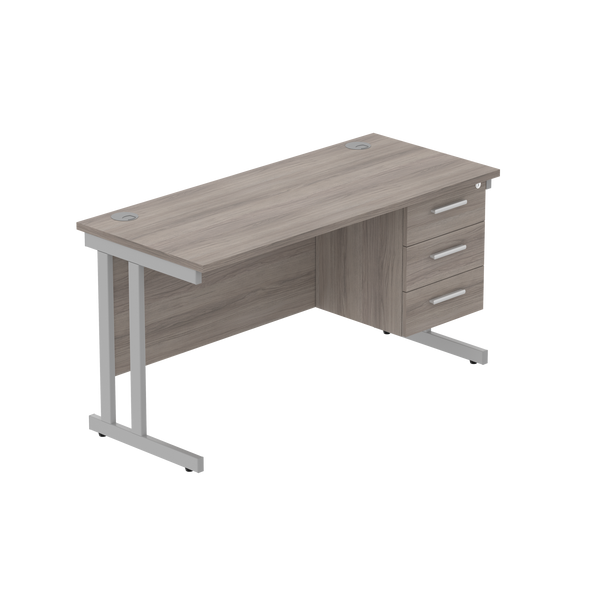 Office Rectangular Desk with Steel Double Upright Cantilever Legs + 3 Drawer Fixed Pedestal (FSC) | 1400X600 | Alaskan Grey Oak/Silver