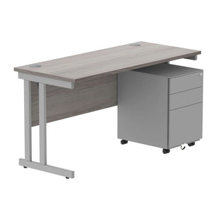 Double Upright Rectangular Desk + Under Desk Steel Pedestal 3 Drawers (FSC) | 1400X600 | Alaskan Grey Oak/Silver