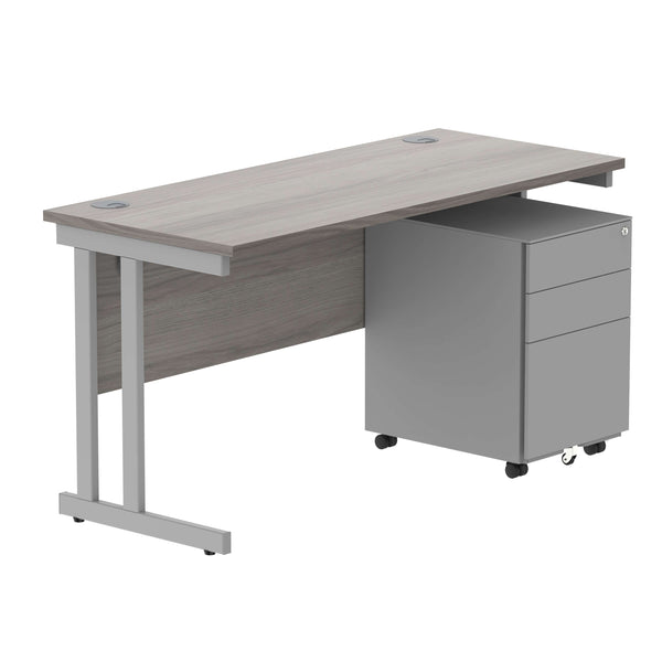 Double Upright Rectangular Desk + Under Desk Steel Pedestal 3 Drawers (FSC) | 1400X600 | Alaskan Grey Oak/Silver
