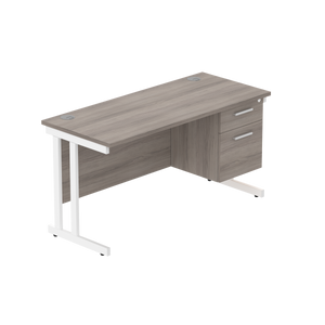 Office Rectangular Desk with Steel Double Upright Cantilever Legs + 2 Drawer Fixed Pedestal (FSC) | 1400X600 | Alaskan Grey Oak/White