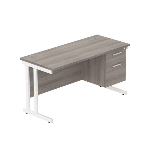 Office Rectangular Desk with Steel Double Upright Cantilever Legs + 2 Drawer Fixed Pedestal (FSC) | 1400X600 | Alaskan Grey Oak/White