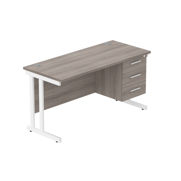 Office Rectangular Desk with Steel Double Upright Cantilever Legs + 3 Drawer Fixed Pedestal (FSC) | 1400X600 | Alaskan Grey Oak/White